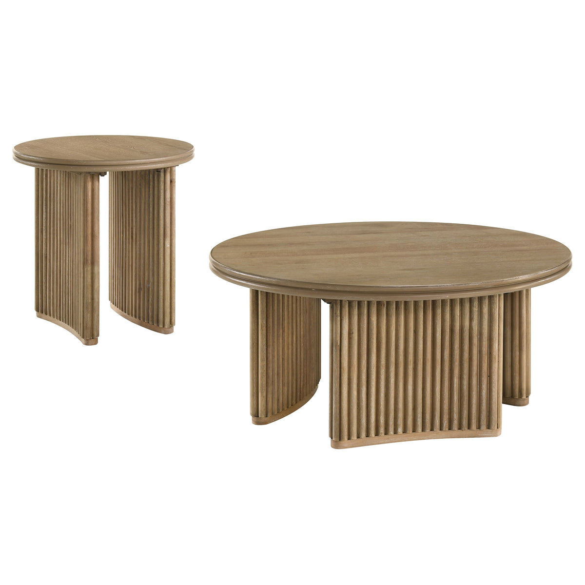 Adina Round Coffee & End Tables - Reeded Pedestal Base in Distressed Light Brown – view 19