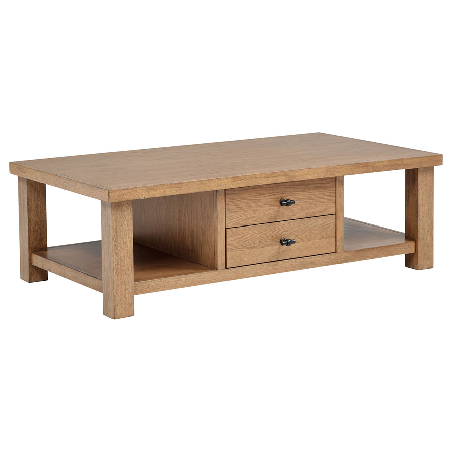 Beasley Coffee Table, Console & End Table - 2-Drawer Storage with Open Shelf in Golden Oak