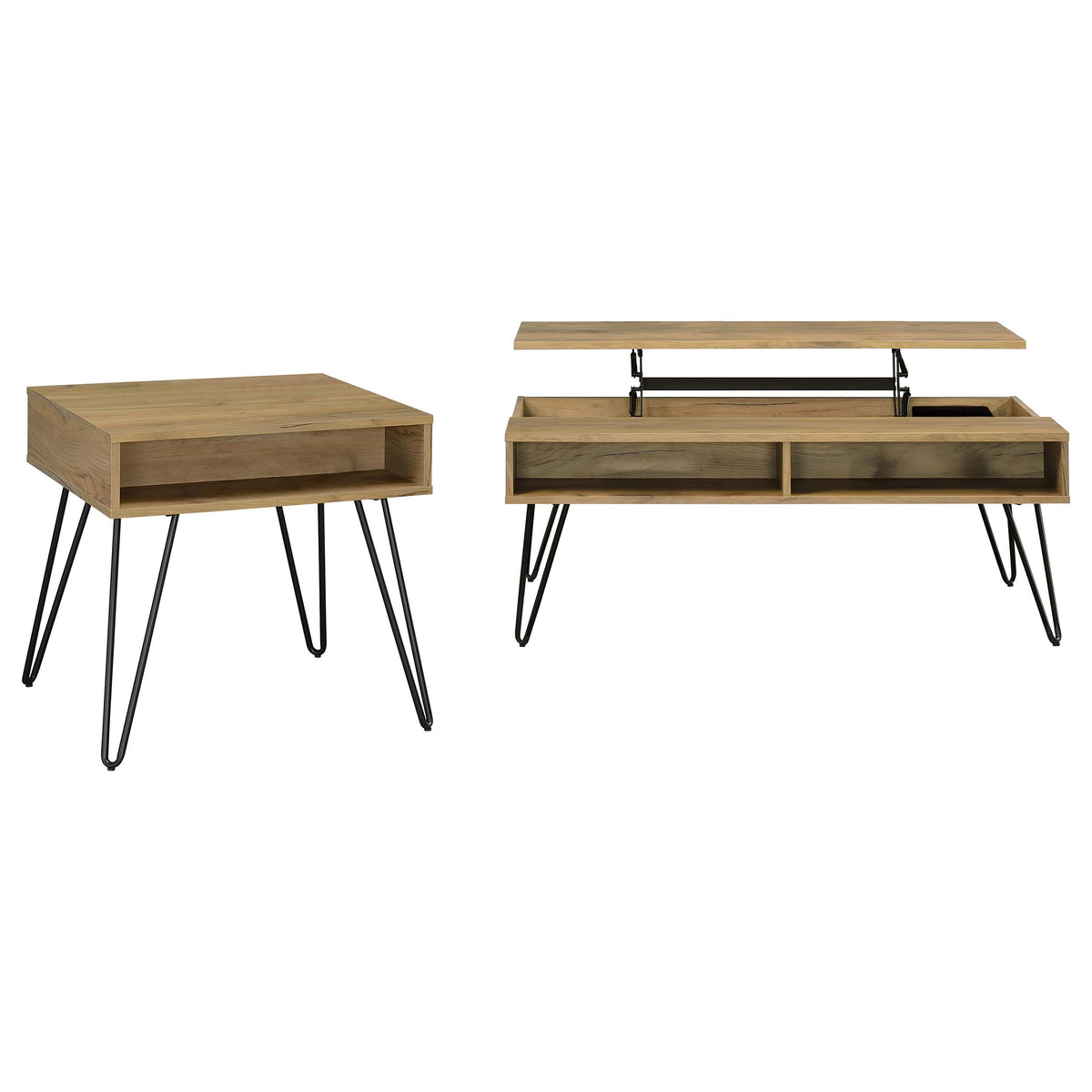 Fanning Lift-Top Coffee Table & End Table - Golden Oak with Black Hairpin Legs – view 15