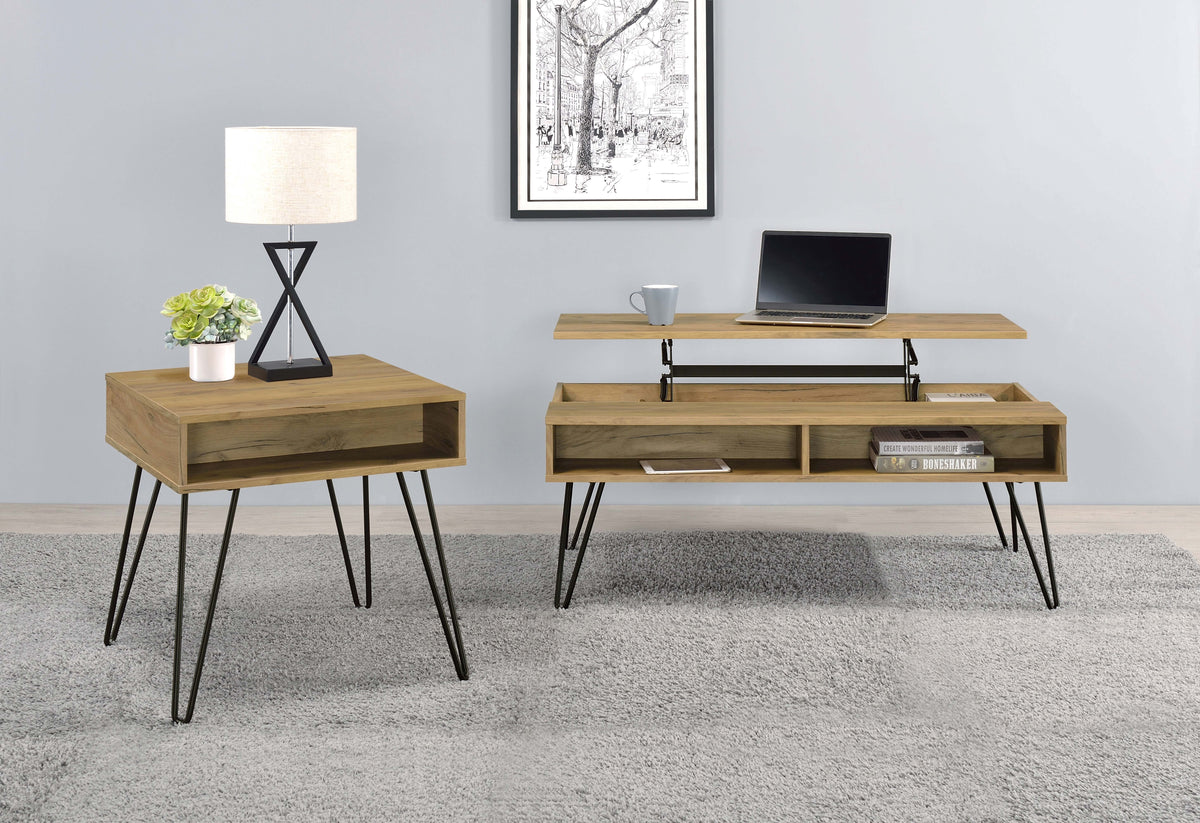 Fanning Lift-Top Coffee Table & End Table - Golden Oak with Black Hairpin Legs – view 10