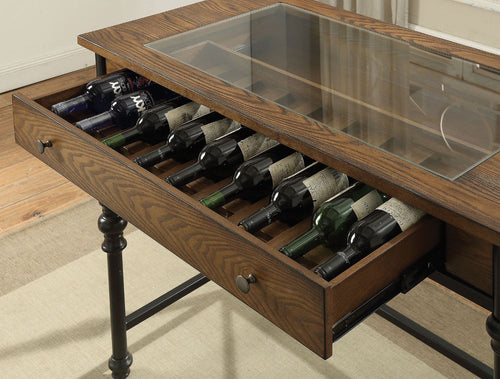 Jalisa Counter Height Table - Glass-Top Wine Display Drawer & Black Metal Legs in Walnut