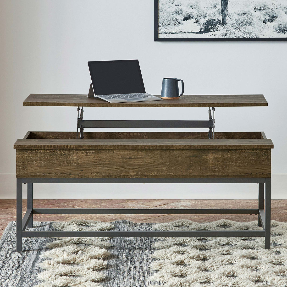 Byers Lift-Top Coffee Table & End Table - Rustic Brown Oak with Sandy Black Metal Base – view 1
