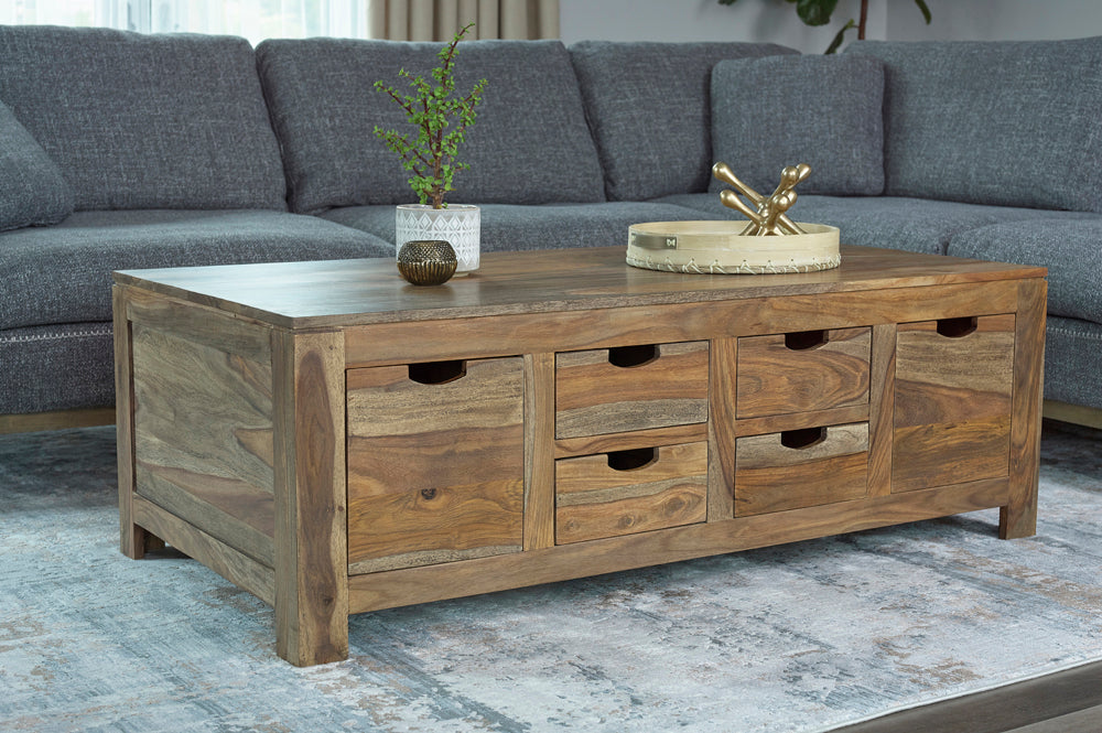 Esther 6-Drawer Solid Sheesham Wood Coffee Table - Rustic Natural Finish with Cut-Out Handles – view 2