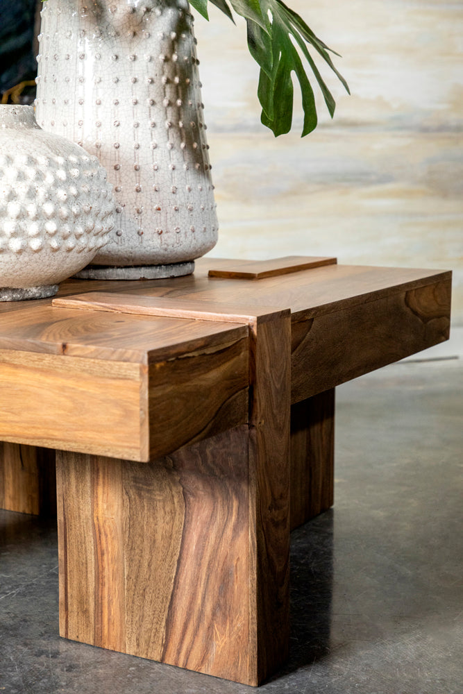Samira 36" Square Solid Sheesham Wood Coffee Table - Natural Finish with Geometric Detailing – view 10