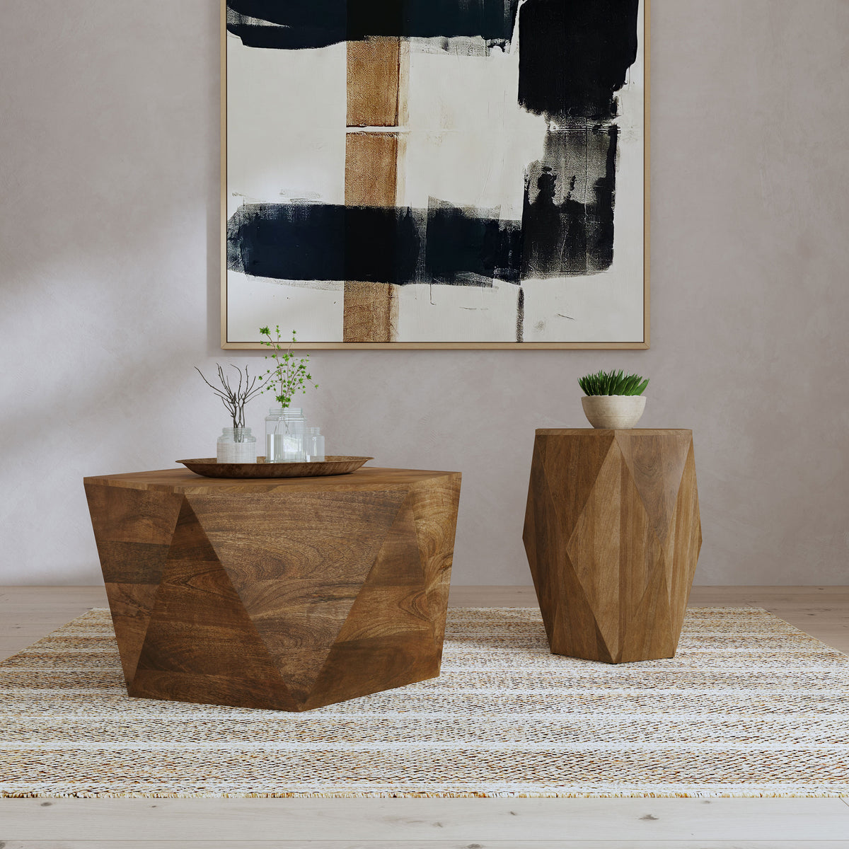 Zalika Hexagonal Solid Mango Wood Coffee Table & End Table - 2pcs- Coffee Table + End Table