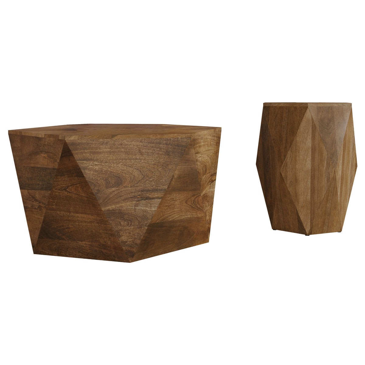 Zalika Hexagonal Solid Mango Wood Coffee Table & End Table - Faceted Natural Finish, Table Sets – view 15