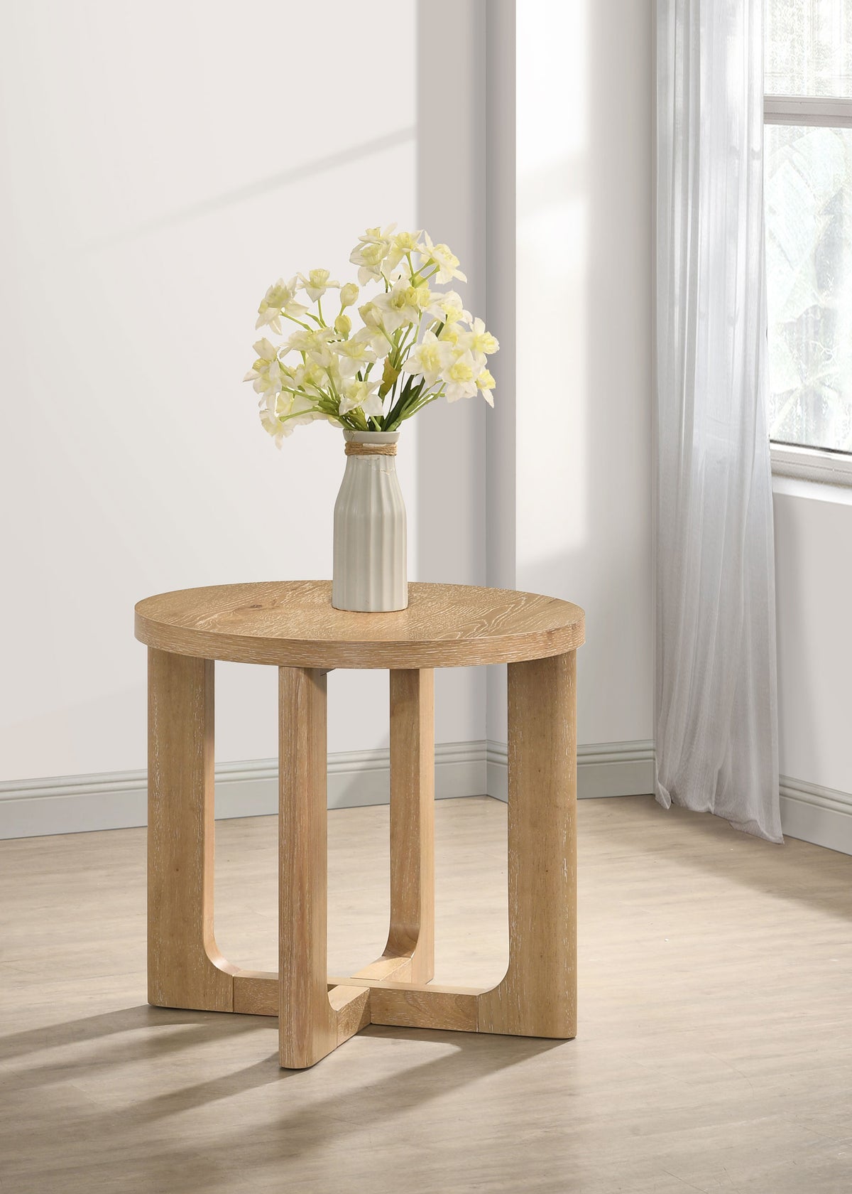 Kessler Round Sculptural Coffee & End Tables - Intersecting Curved Base in Light Oak – view 2