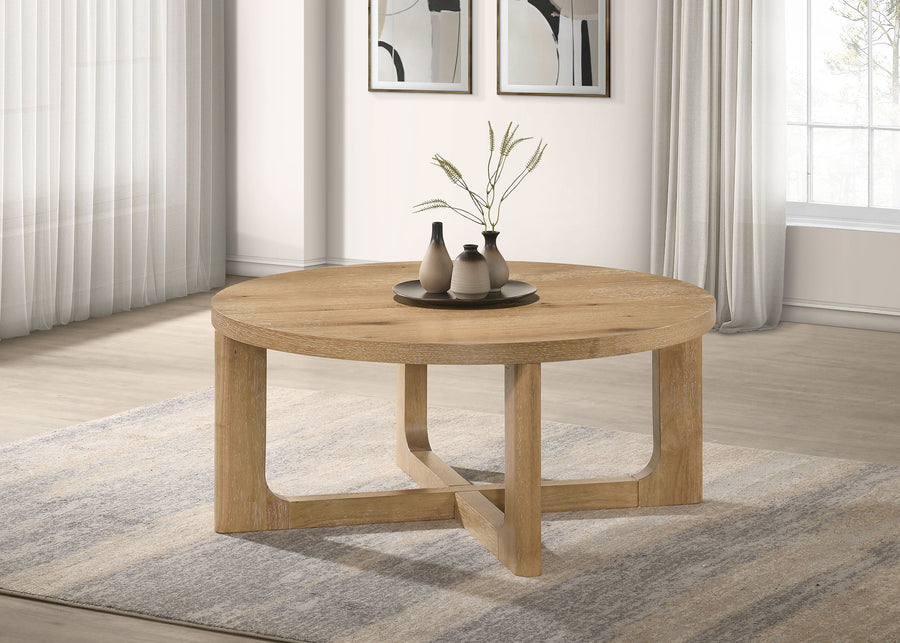Kessler Round Sculptural Coffee & End Tables - Intersecting Curved Base in Light Oak