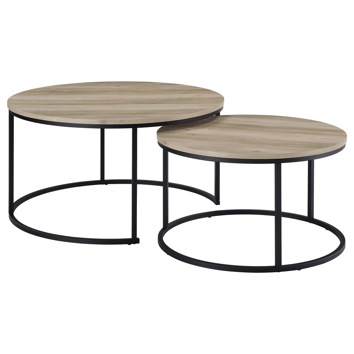Lainey Round Nesting Coffee Tables & End Table - Distressed Pine with Black Open Metal Bases – view 4