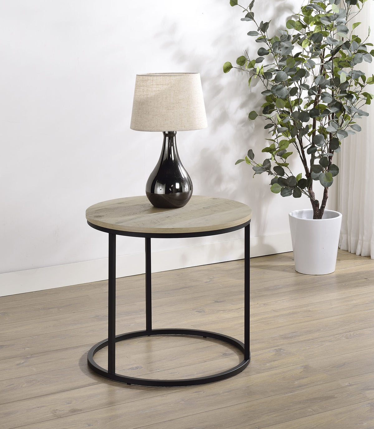 Lainey Round Nesting Coffee Tables & End Table - Distressed Pine with Black Open Metal Bases – view 2