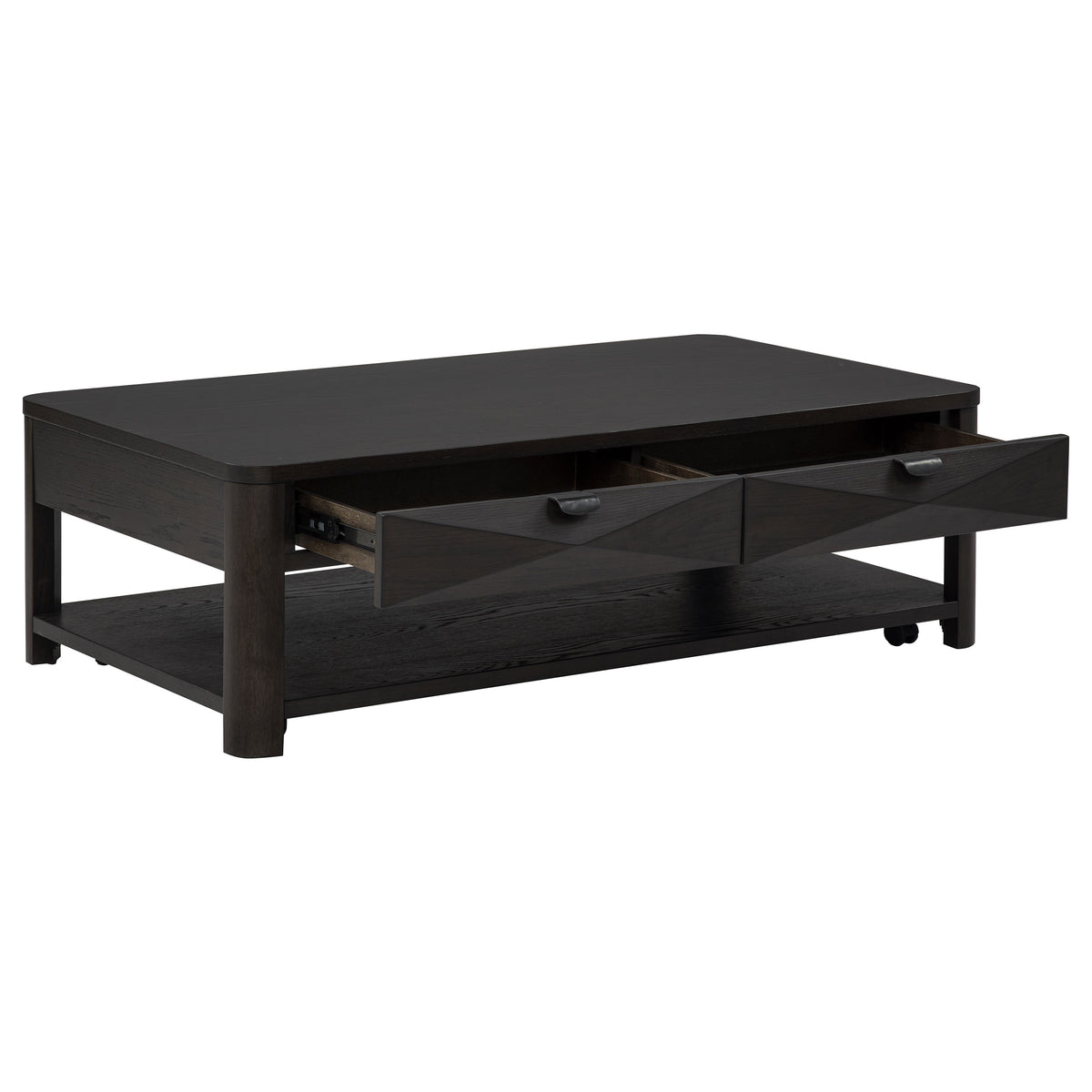 Marcelo Coffee Table, End Table, Sofa Table & 71" TV Stand - Faceted Oak Veneer in Coffee with Black Pulls – view 5