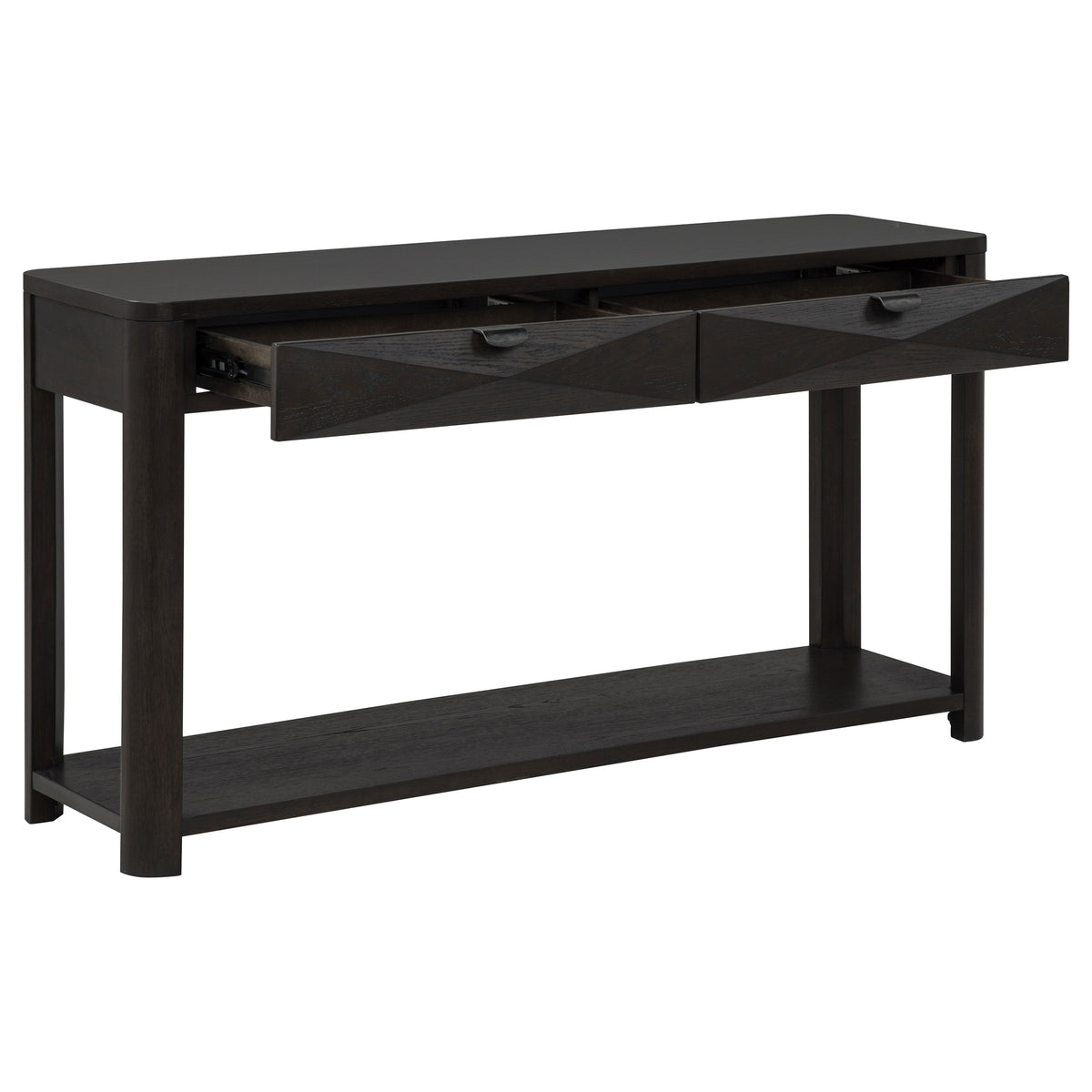 Marcelo Coffee Table, End Table, Sofa Table & 71" TV Stand - Faceted Oak Veneer in Coffee with Black Pulls – view 11