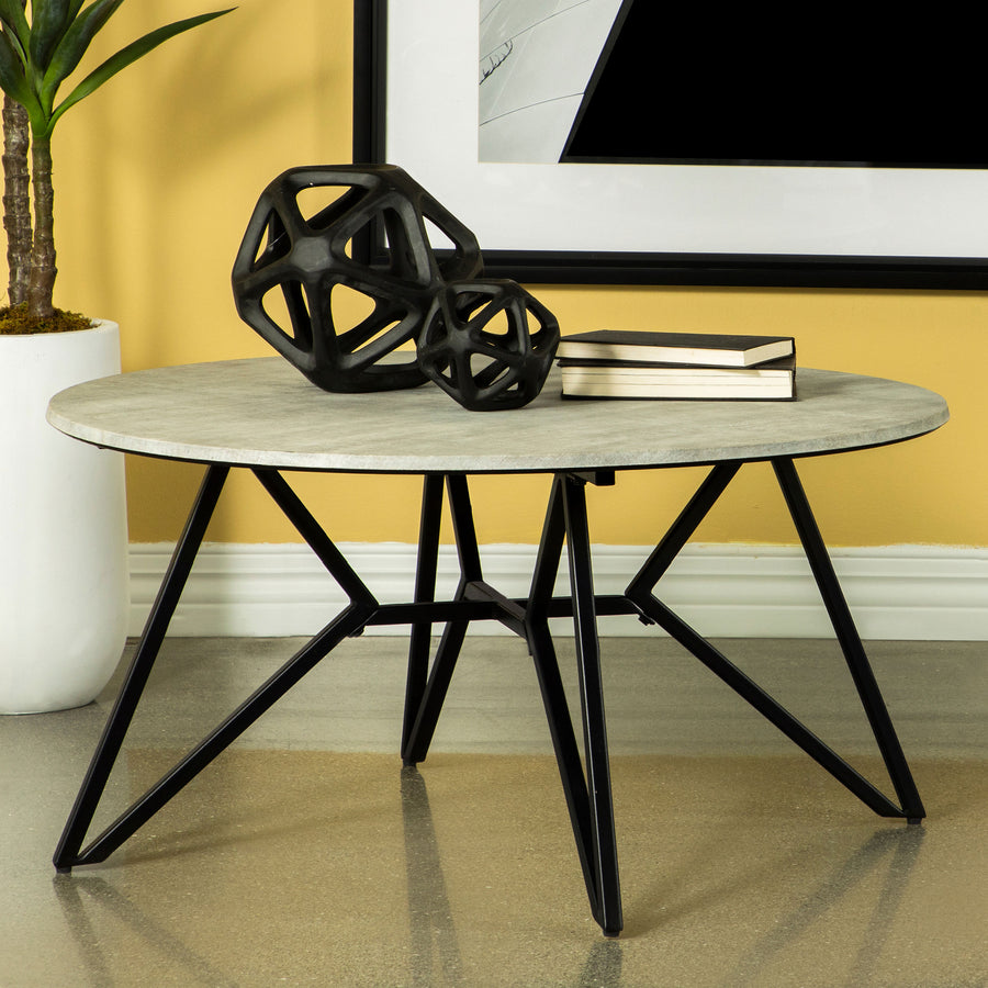Hadi Round Coffee Table & End Table Sets - Faux Cement SmartTop with Gunmetal Hairpin Base