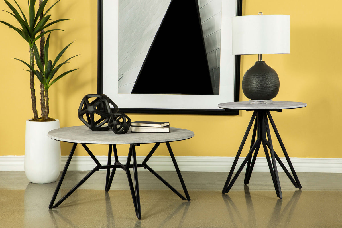 Hadi Round Coffee Table & End Table Sets - Faux Cement SmartTop with Gunmetal Hairpin Base – view 11
