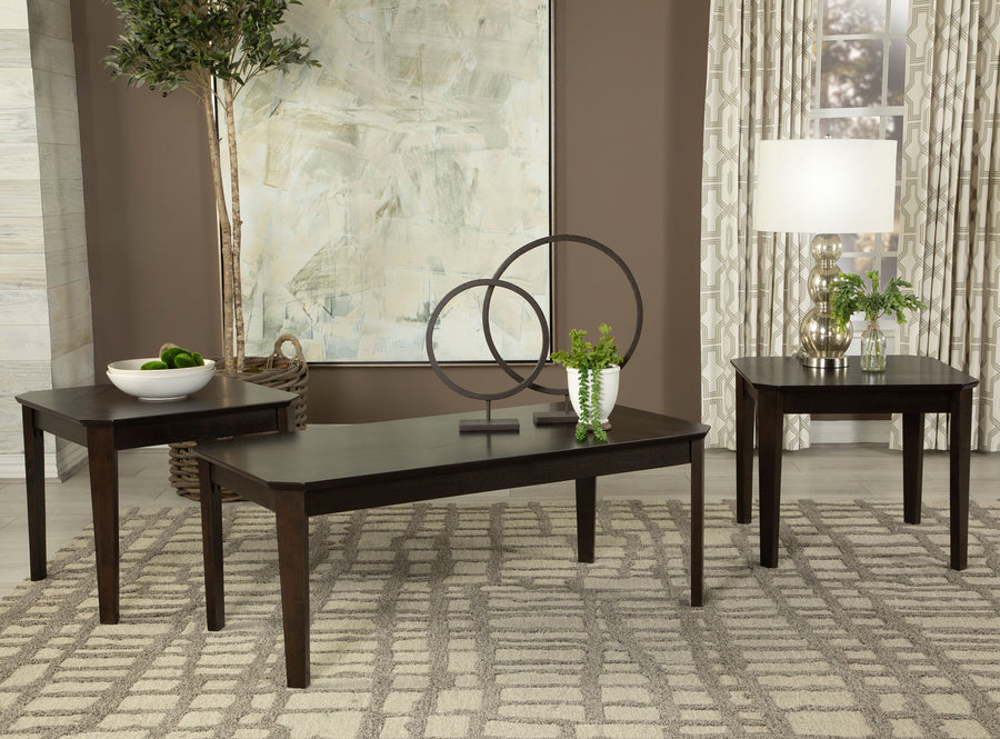 Amaro 3-Piece Coffee & End Table Set - Notched Corners & Tapered Legs in Dark Brown