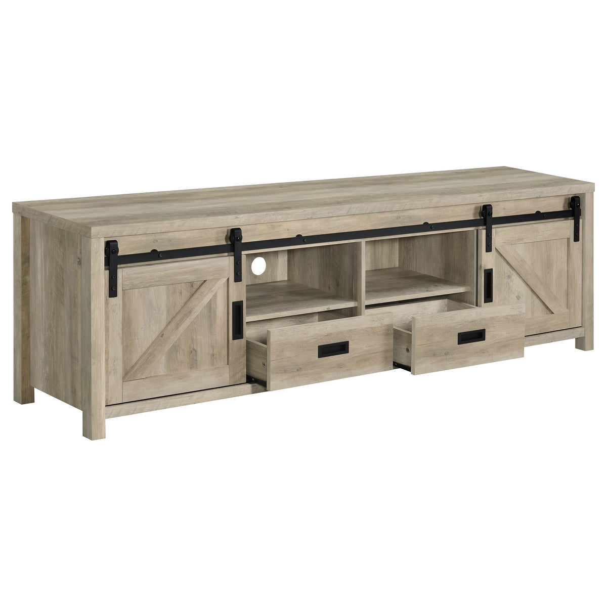 Madra 79" Sliding Barn Door TV Stand - Farmhouse Distressed Pine with Black Metal Hardware – view 3