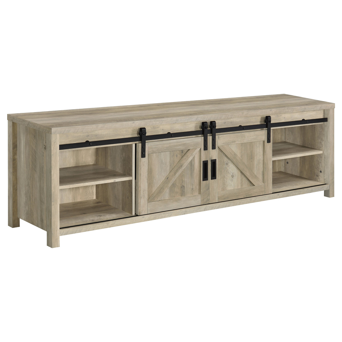 Madra 79" Sliding Barn Door TV Stand - Farmhouse Distressed Pine with Black Metal Hardware – view 4