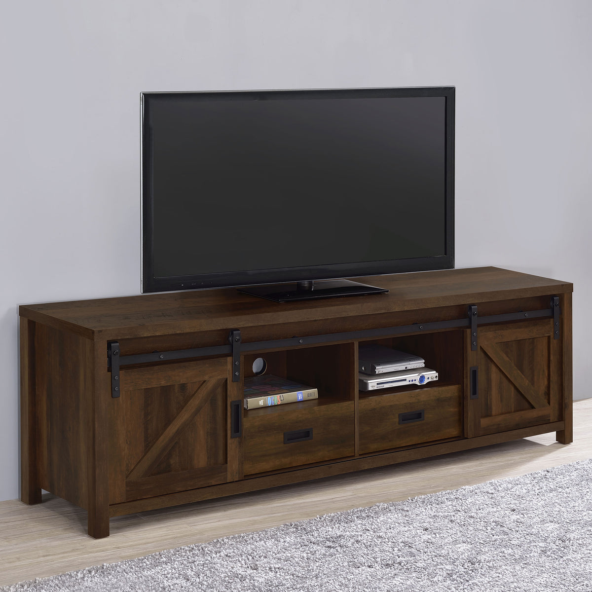 Madra 79" Farmhouse TV Stand with Sliding Barn Doors - Dark Pine with Black Hardware – view 1