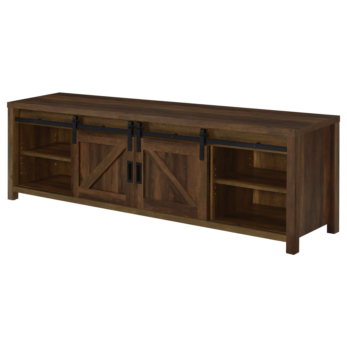 Madra 79" Farmhouse TV Stand with Sliding Barn Doors - Dark Pine with Black Hardware – view 7