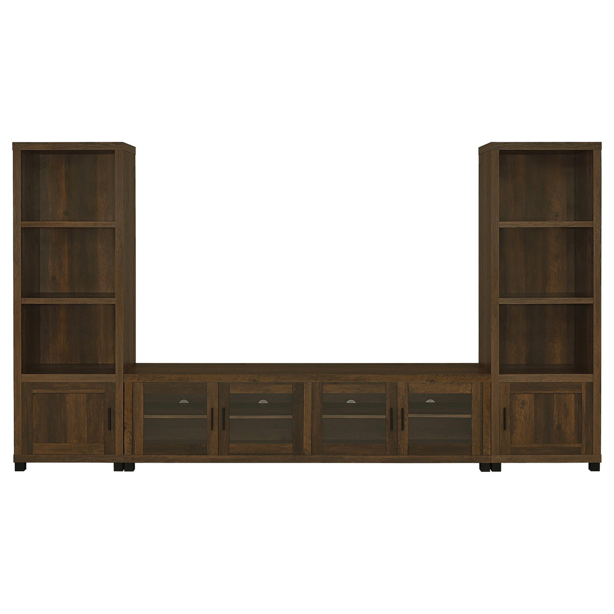 Sachin 79" TV Stand & Entertainment Center with Media Towers - Rustic Pine with Glass Doors & Black Metal Legs – view 8