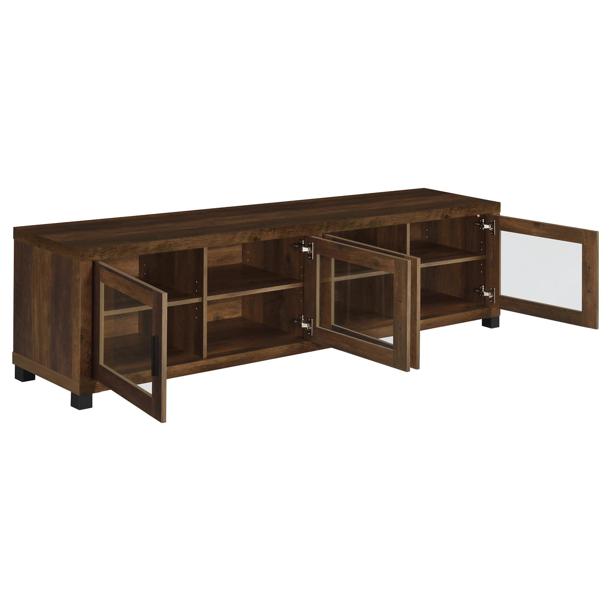 Sachin 79" TV Stand & Entertainment Center with Media Towers - Rustic Pine with Glass Doors & Black Metal Legs – view 17