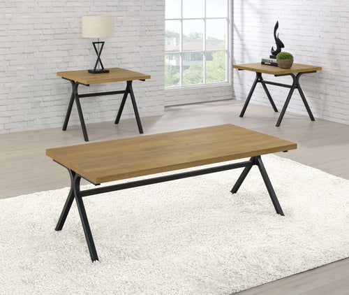 Colmar 3-Piece Coffee Table Set - Golden Oak Tops on Gunmetal Trestle Bases