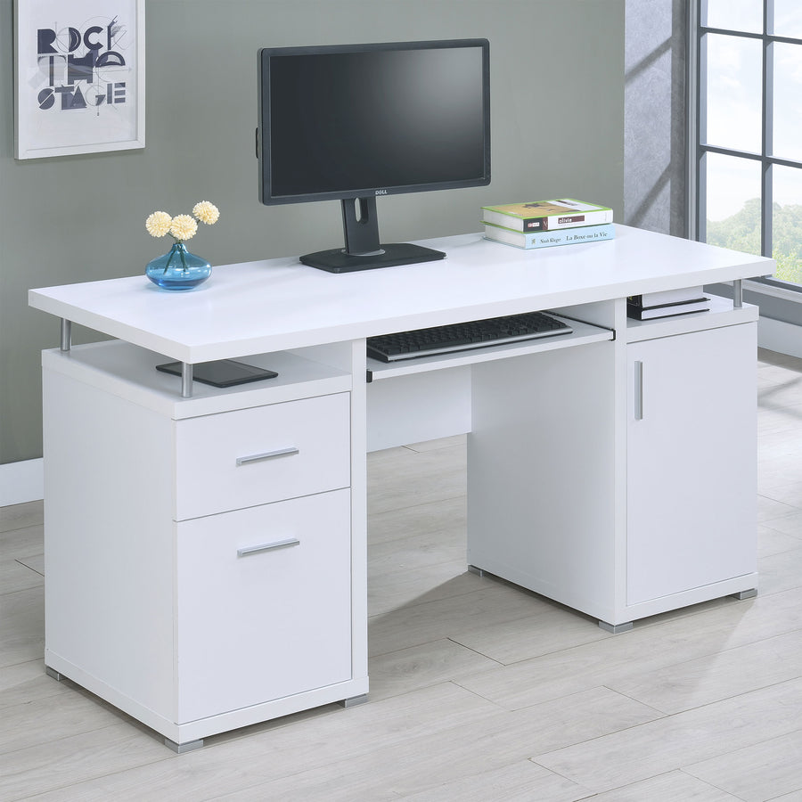 Tracy 55" Computer Desk with Raised Shelf - 2 Drawers, Cabinet & Open Cubbies in White