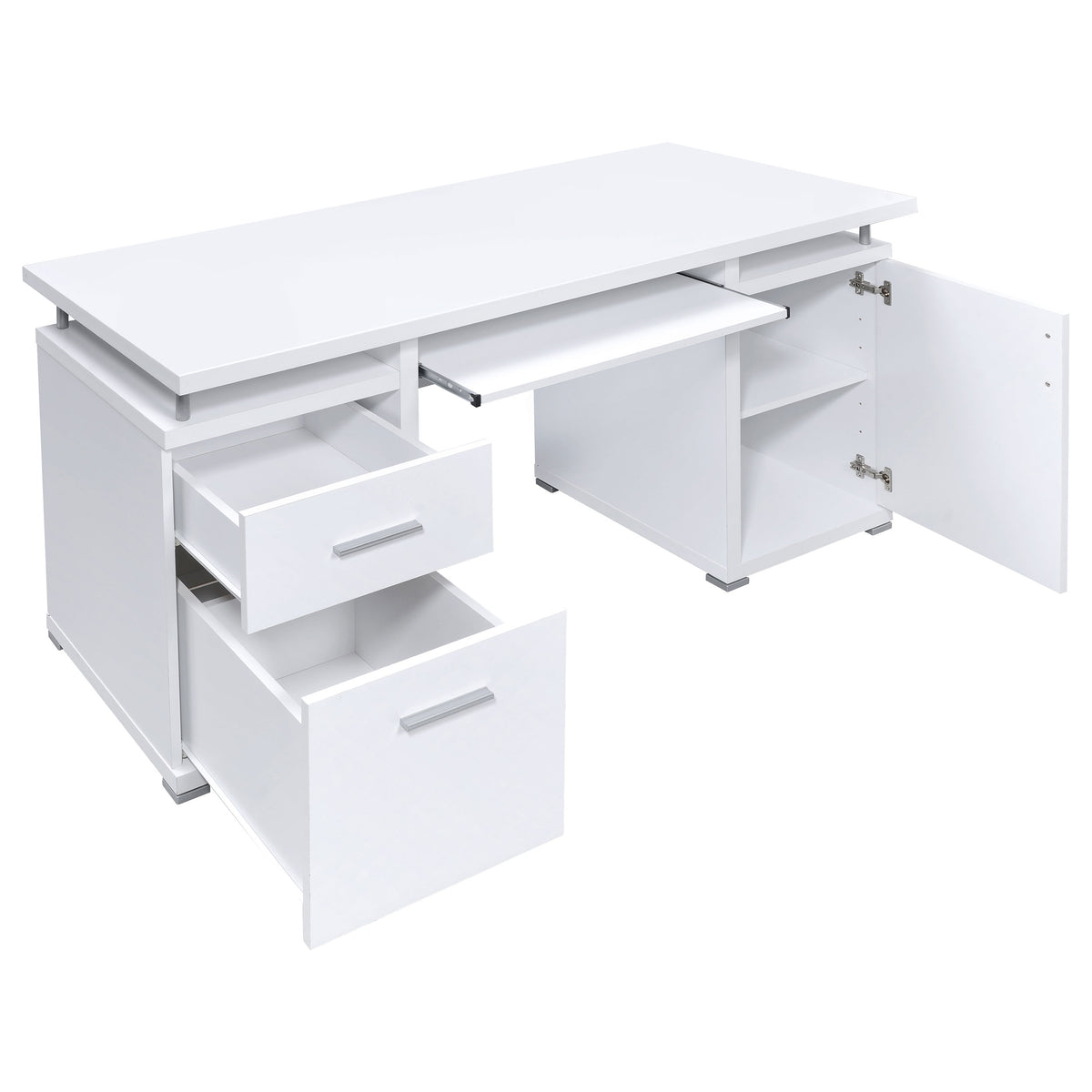Tracy 55" Computer Desk with Raised Shelf - 2 Drawers, Cabinet & Open Cubbies in White – view 3