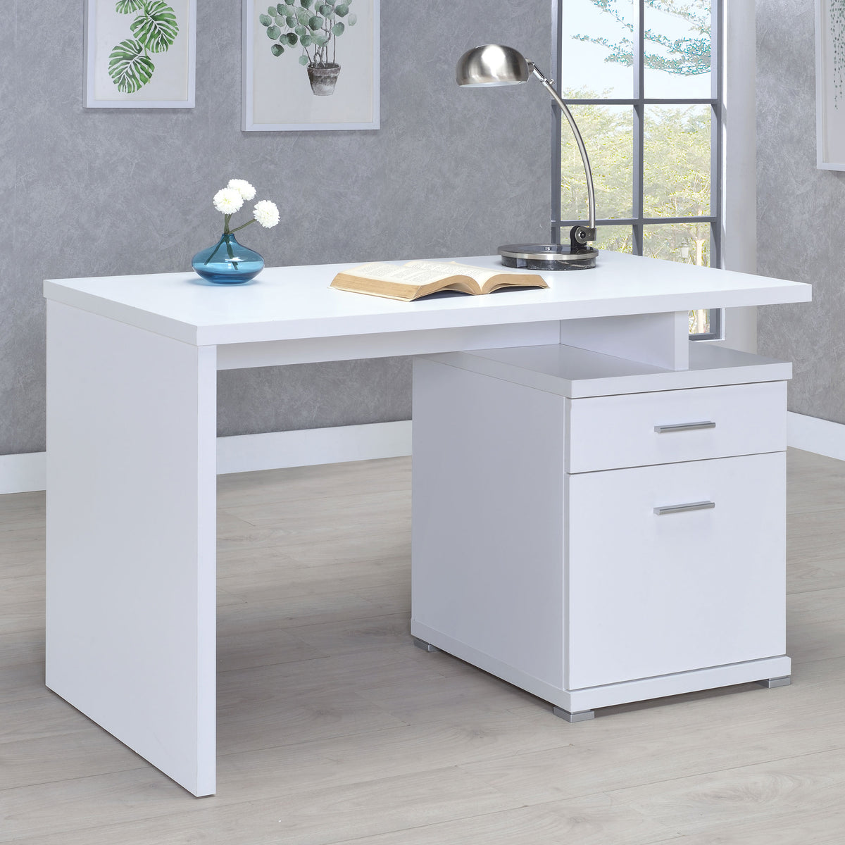 Irving 47" Computer Desk with File Drawer - Reversible Storage Pedestal in White – view 1