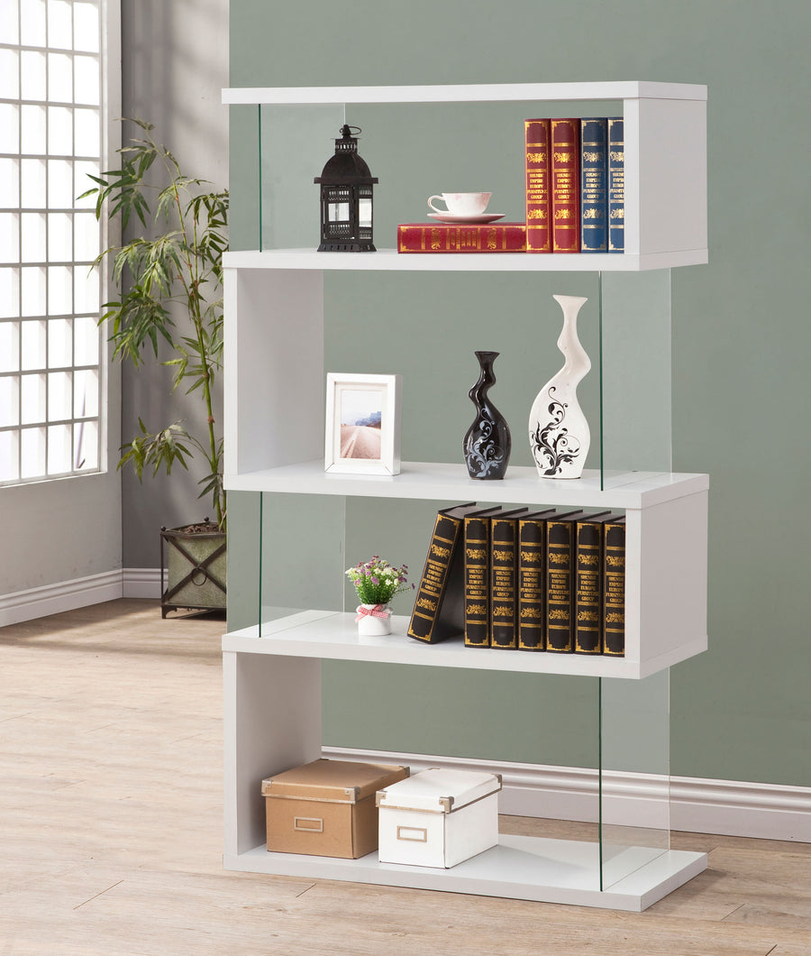 Emelle 63" Zigzag 4-Shelf Bookshelf - Clear Tempered Glass Panels in White