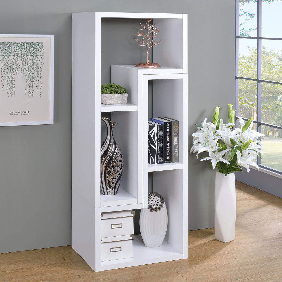 Velma 2-Piece L-Shaped Console Bookcase & TV Stand - Reconfigurable Open Shelving in White – view 3