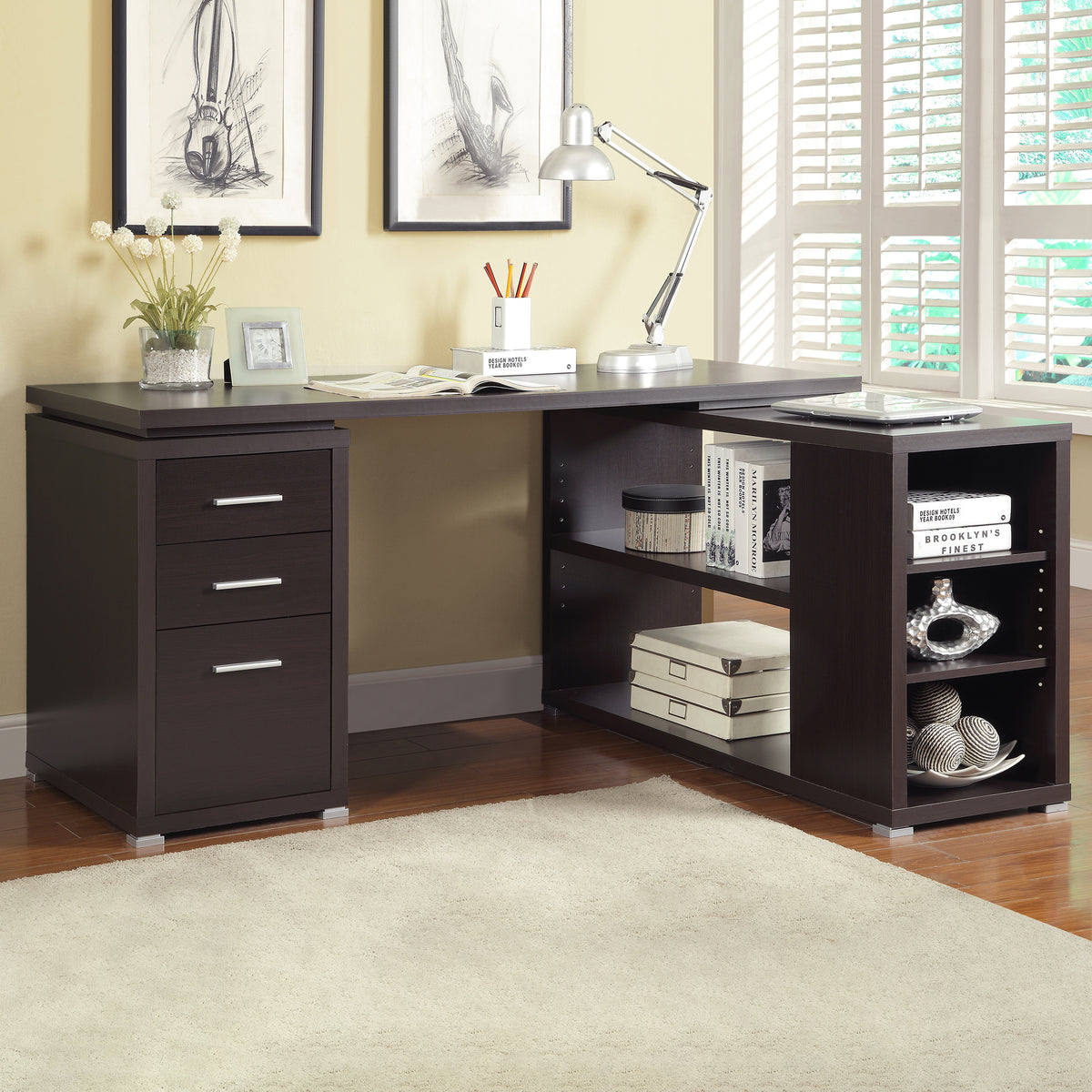Yvette 60" L-Shaped Computer Desk - 3 Drawers, Open Shelves & Cubbies in Cappuccino – view 1