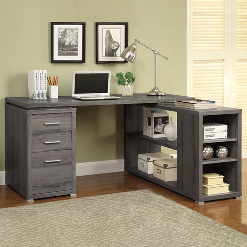Yvette 60" L-Shaped Computer Desk - Weathered Grey Corner Desk with 3 Drawers & Open Shelves