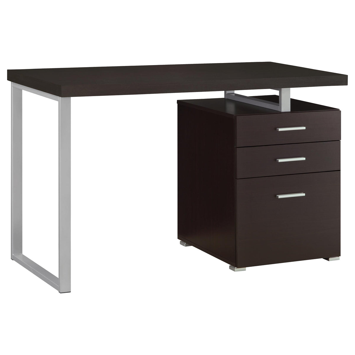 Brennan 47" Computer Desk with 3-Drawer Pedestal - Cappuccino with Silver Metal Open-Leg Frame – view 3