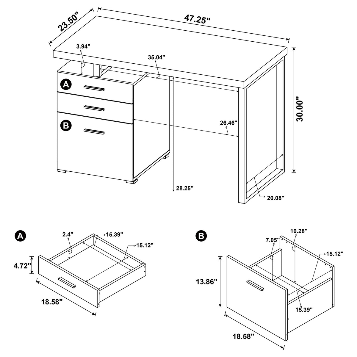 Brennan 47" Computer Desk with 3-Drawer Pedestal - Cappuccino with Silver Metal Open-Leg Frame – view 11