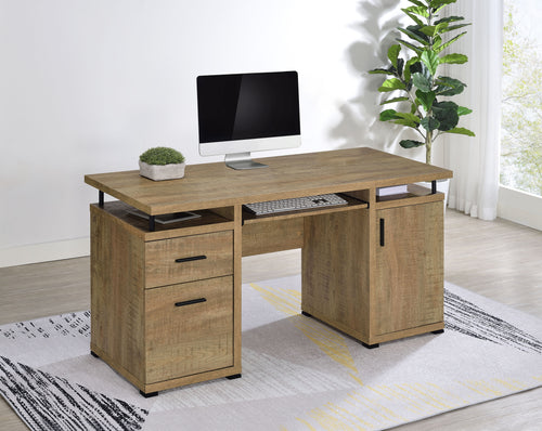 Tracy 55" Computer Desk with Raised Shelf, Cubbies & Cabinet - Mango Finish with Black Metal Posts