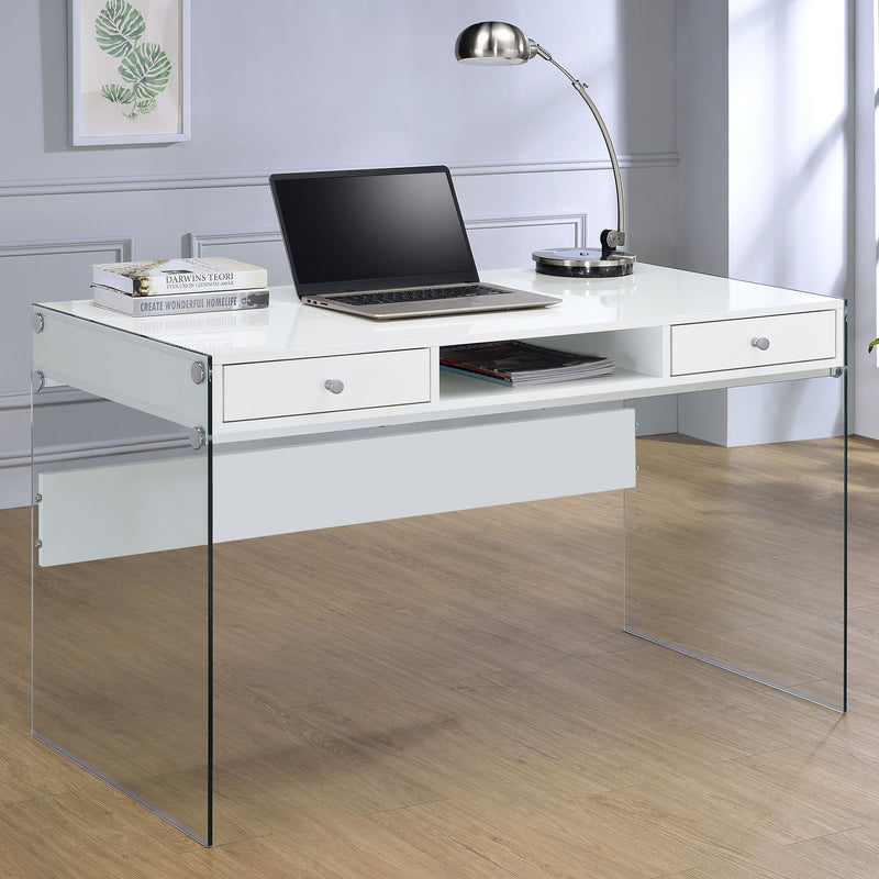 Dobrev 48" Writing Desk with Glass Legs - 2 Drawers & Cubby in White High Gloss