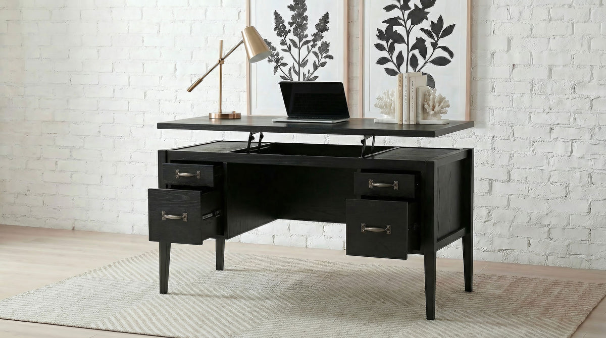 Graham 54" Lift-Top Computer Desk - Double Pedestal with 4 Drawers & Gunmetal Pulls in Black – view 2