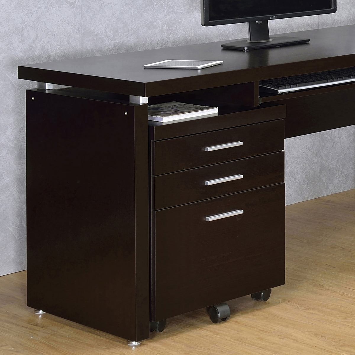 Skylar L-Shaped Desk, Computer Desk & Mobile File Cabinet - Cappuccino Home Office with Keyboard Tray - lifestyle