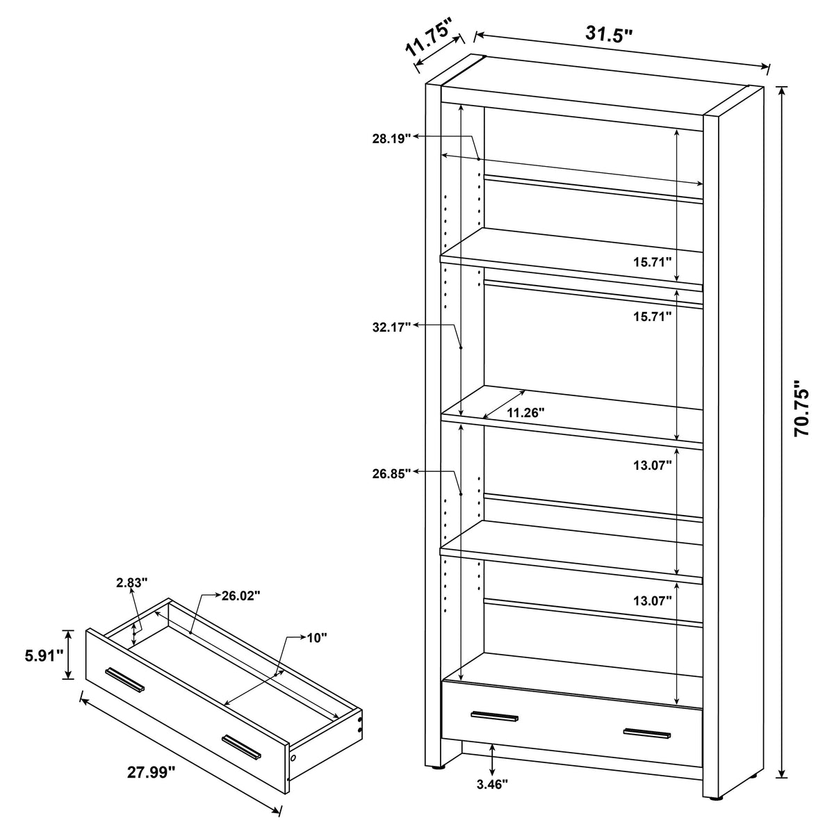 Skylar 71" Bookcase with Drawer - Cappuccino Finish with Adjustable Shelves – view 12