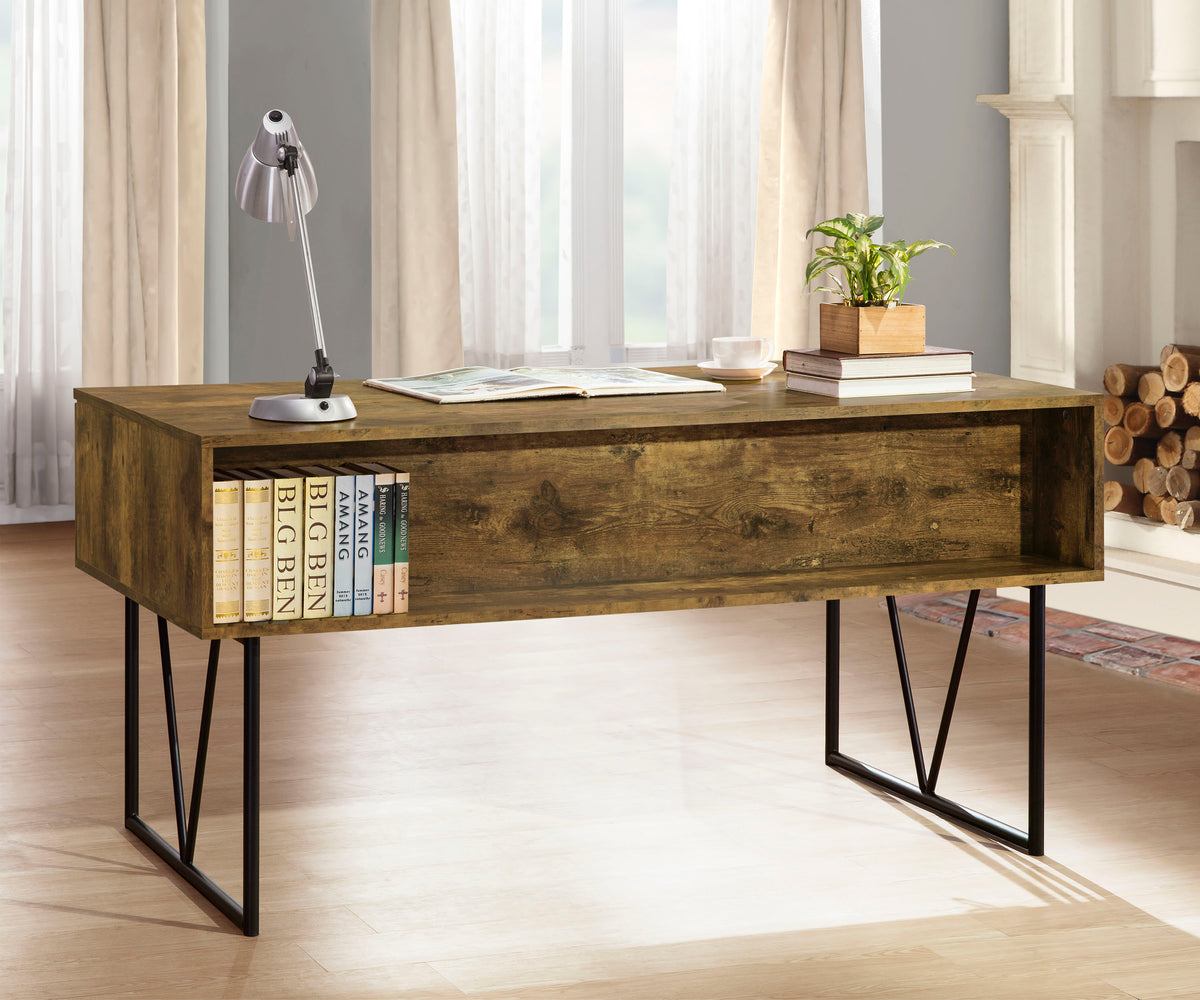 Analiese 63" 4-Drawer Writing Desk - Rustic Wood Look on Black Metal Base in Nutmeg or Grey Driftwood – view 5