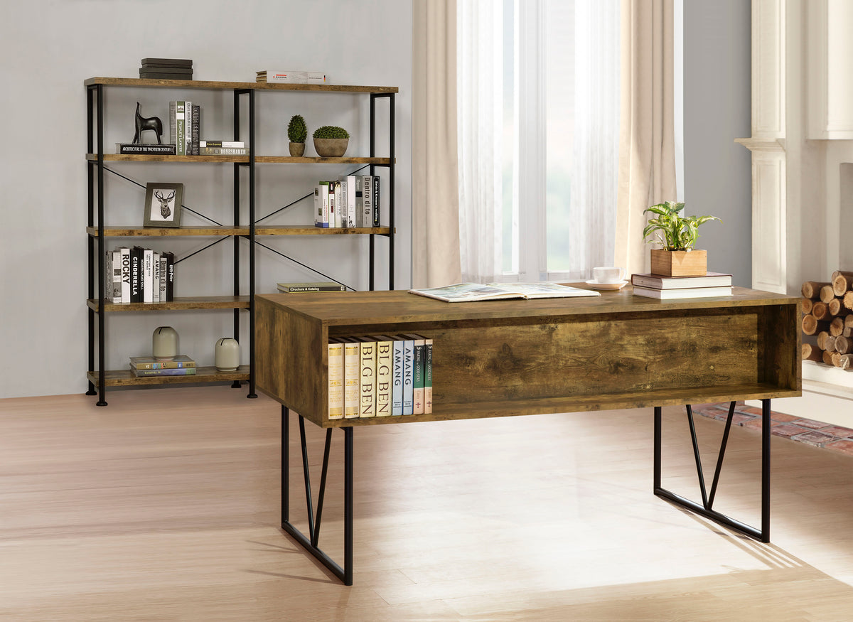 Analiese 63" 4-Drawer Writing Desk - Rustic Wood Look on Black Metal Base in Nutmeg or Grey Driftwood – view 15