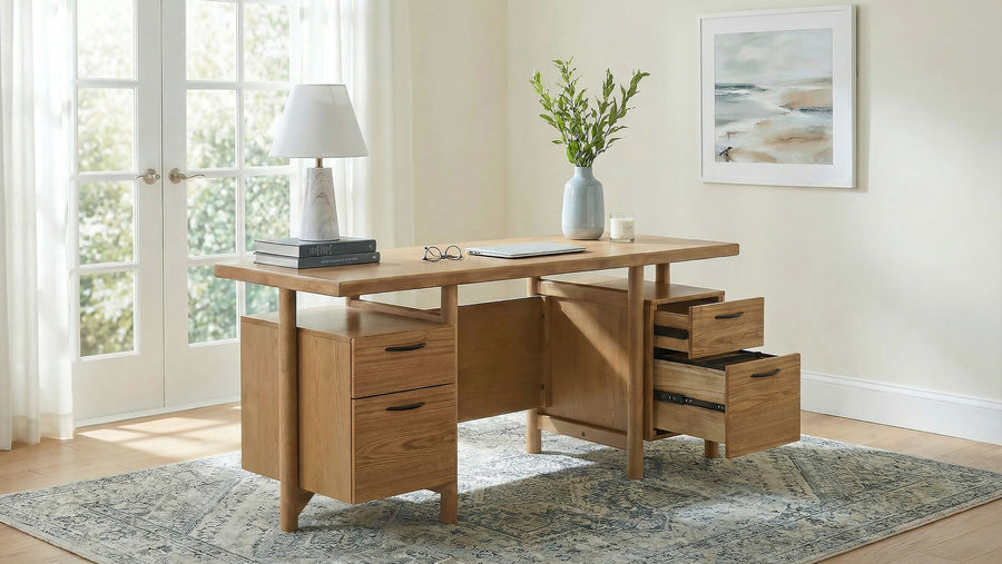 Roldan 69" Double Pedestal Computer Desk with File Drawers - Light Ash with Matte Black Pulls