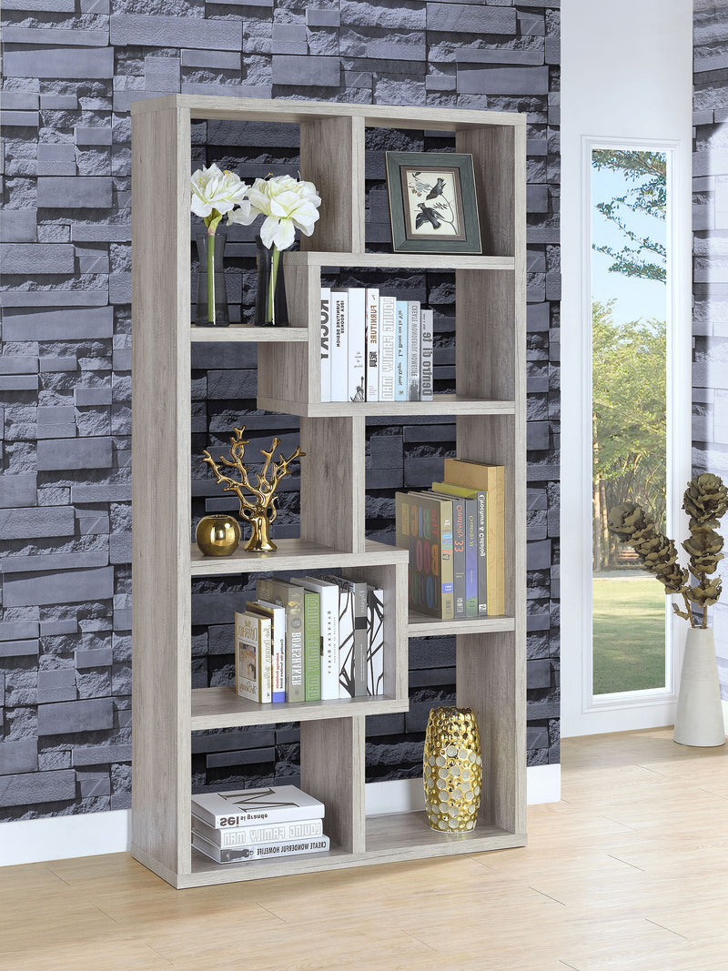 Theo 71" 6-Shelf Staggered Bookshelf - Reversible Open Cubbies in Grey Driftwood