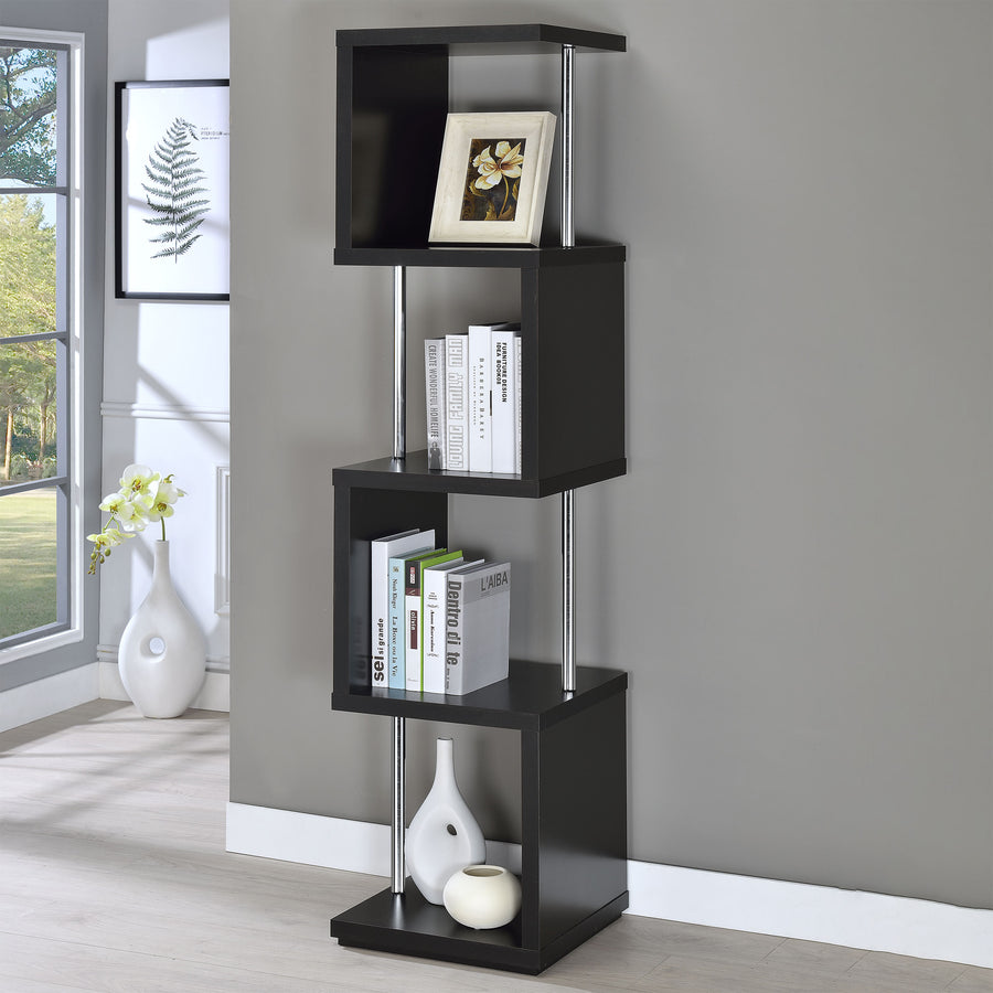Baxter 67" 4-Tier Cube Bookshelf - Modern Black with Chrome Rod Accents