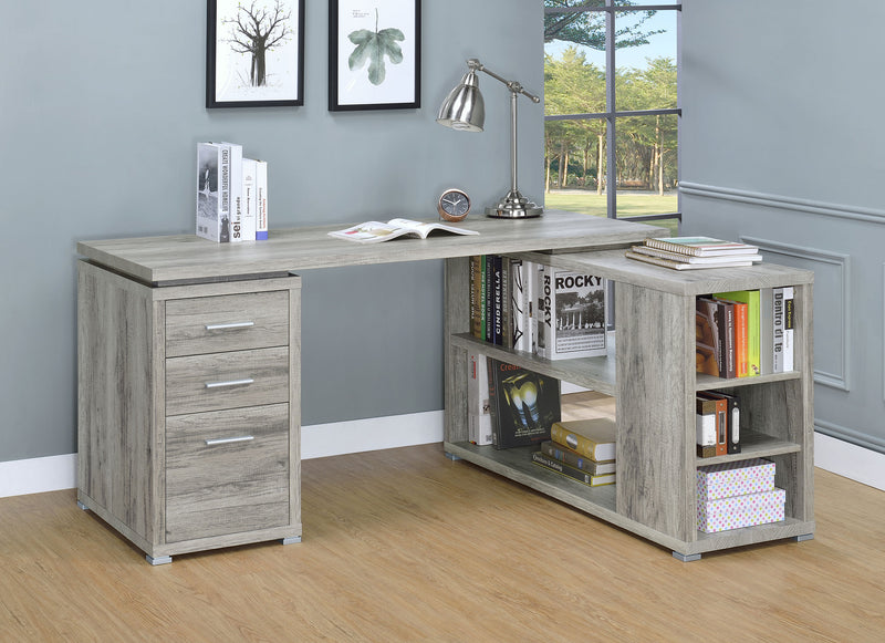 Yvette 60" L-Shaped Computer Desk - 3 Drawers, Open Shelves & Cubbies in Grey Driftwood
