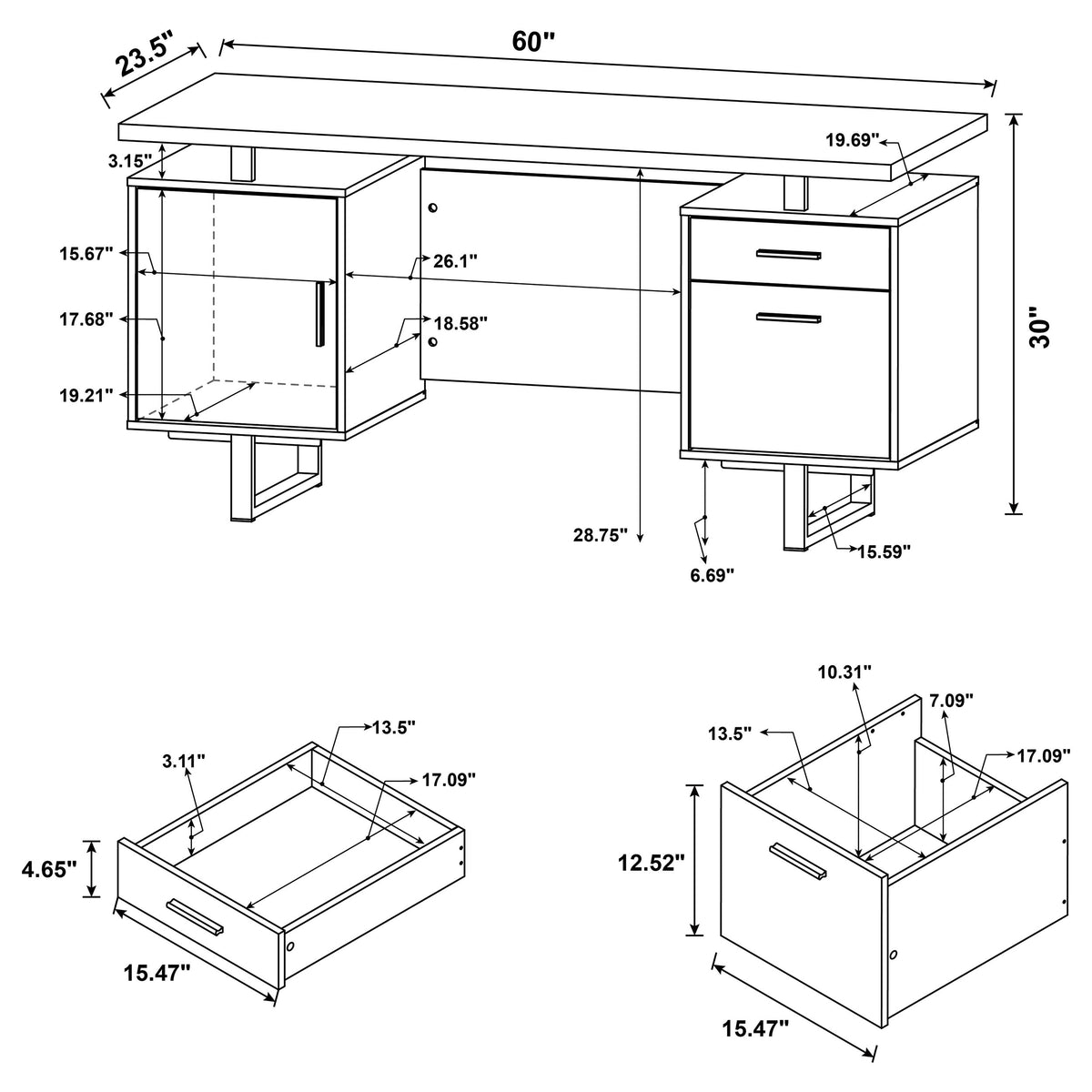 Lawtey 60" Computer Desk with Floating Top - File Drawer & Cabinet in Cappuccino on Silver Metal Base – view 14