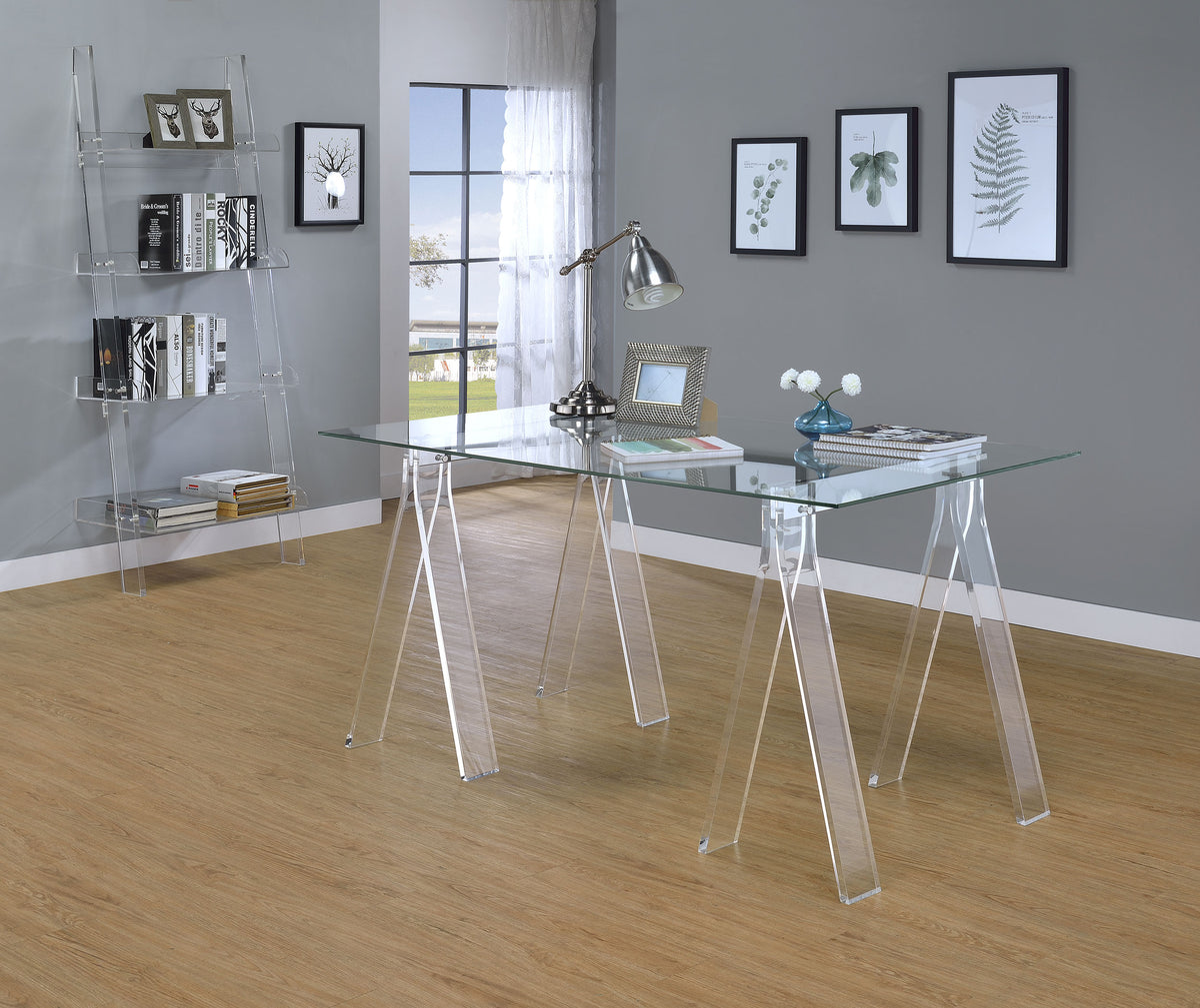 Amaturo 59" Glass Top Writing Desk - Clear Acrylic Sawhorse Base with Chrome Supports – view 7