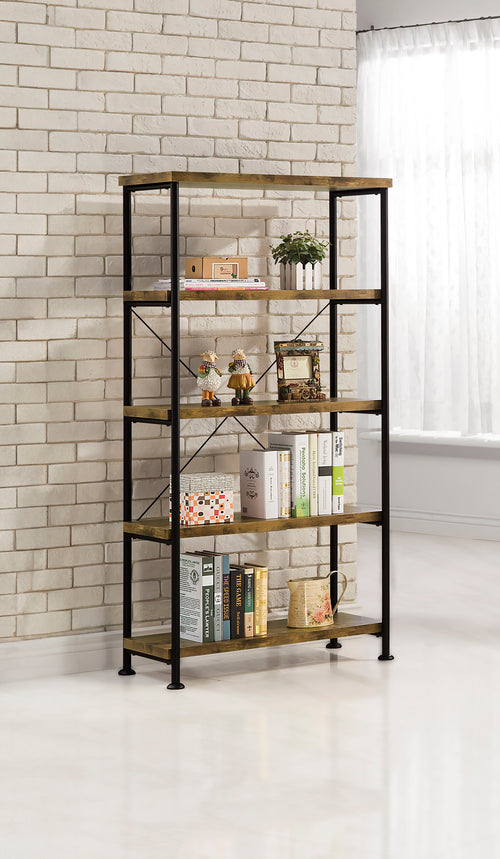 Analiese 63" 4-Shelf Bookshelf & Double Bookshelf - Black Metal Frame in Rustic Nutmeg or Grey Driftwood