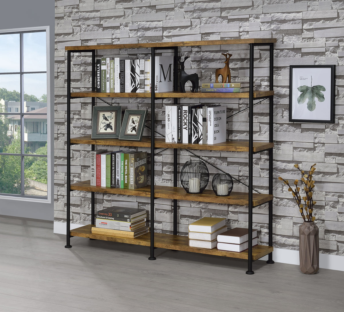 Analiese 63" 4-Shelf Bookshelf & Double Bookshelf - Black Metal Frame in Rustic Nutmeg or Grey Driftwood - lifestyle